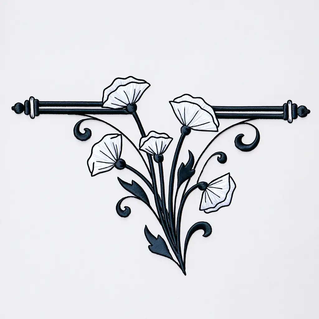 Black and White Floral Embroidery Design with Flowers and Swirls