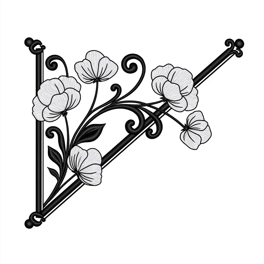 Black and White Floral Embroidery Design with Flowers and Swirls