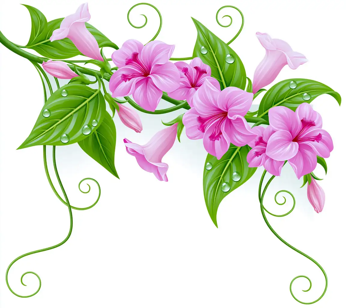 Pink flowers with green leaves and water drops vector illustration