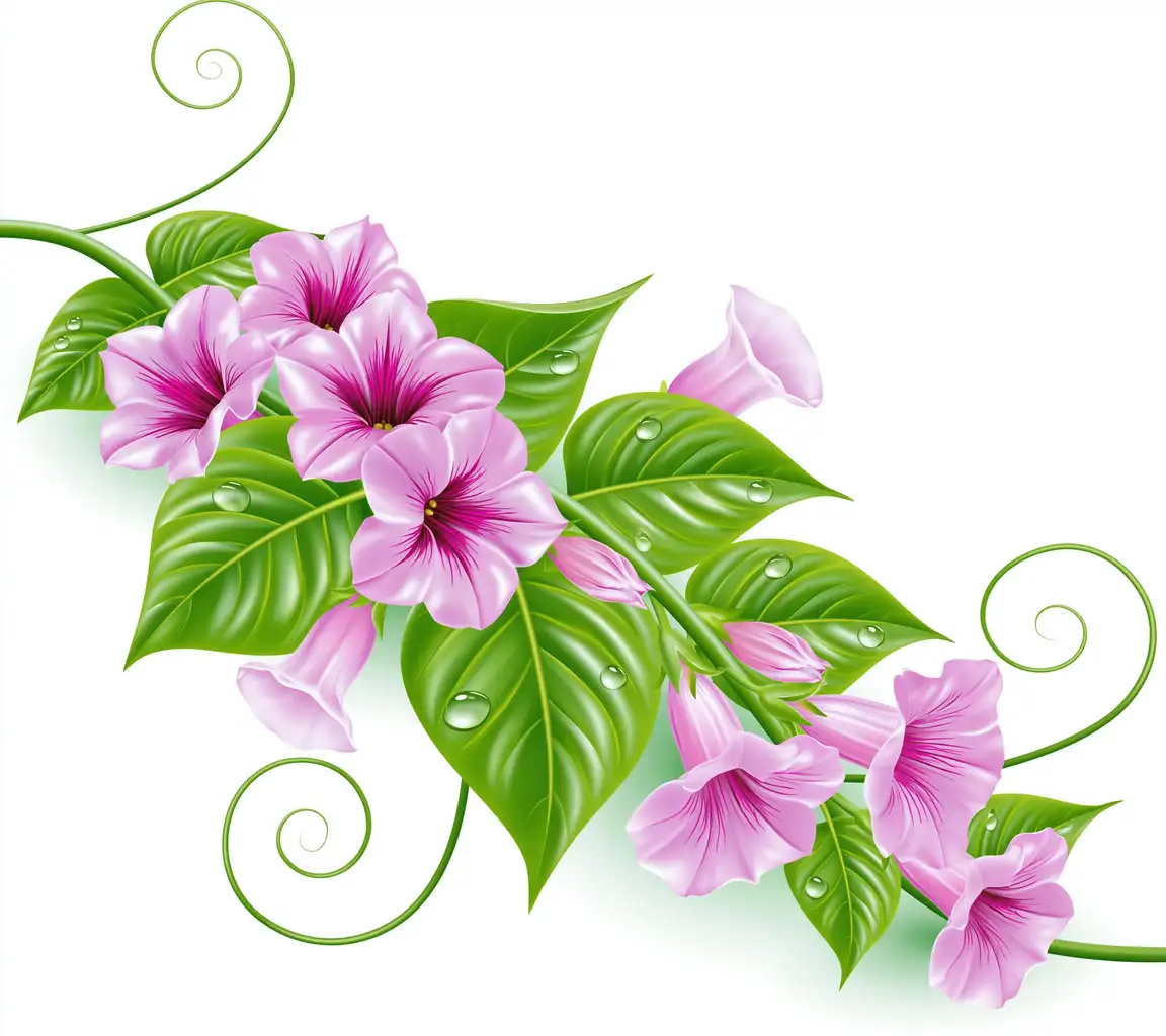 Pink flowers with green leaves and water drops vector illustration