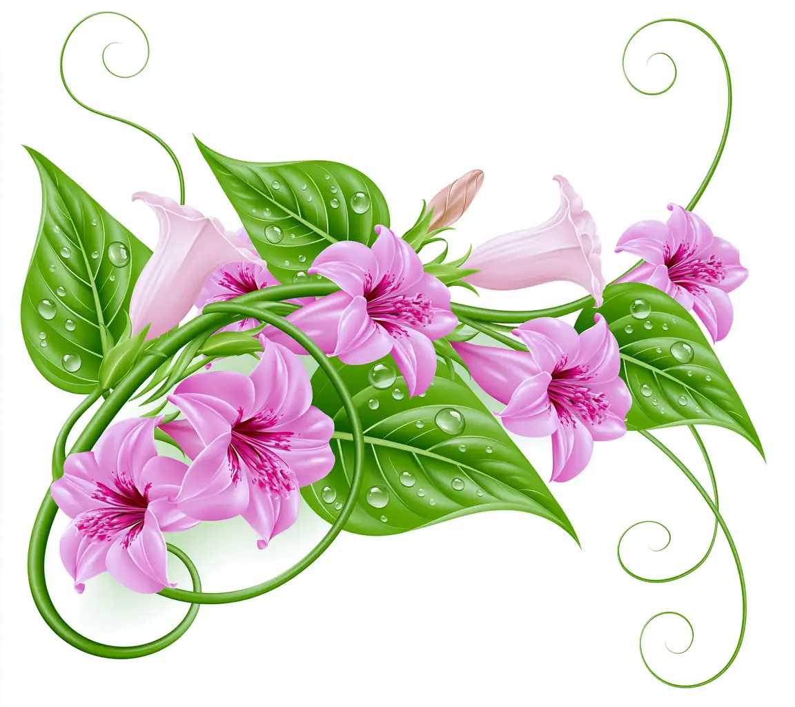 Pink flowers with green leaves and water drops vector illustration