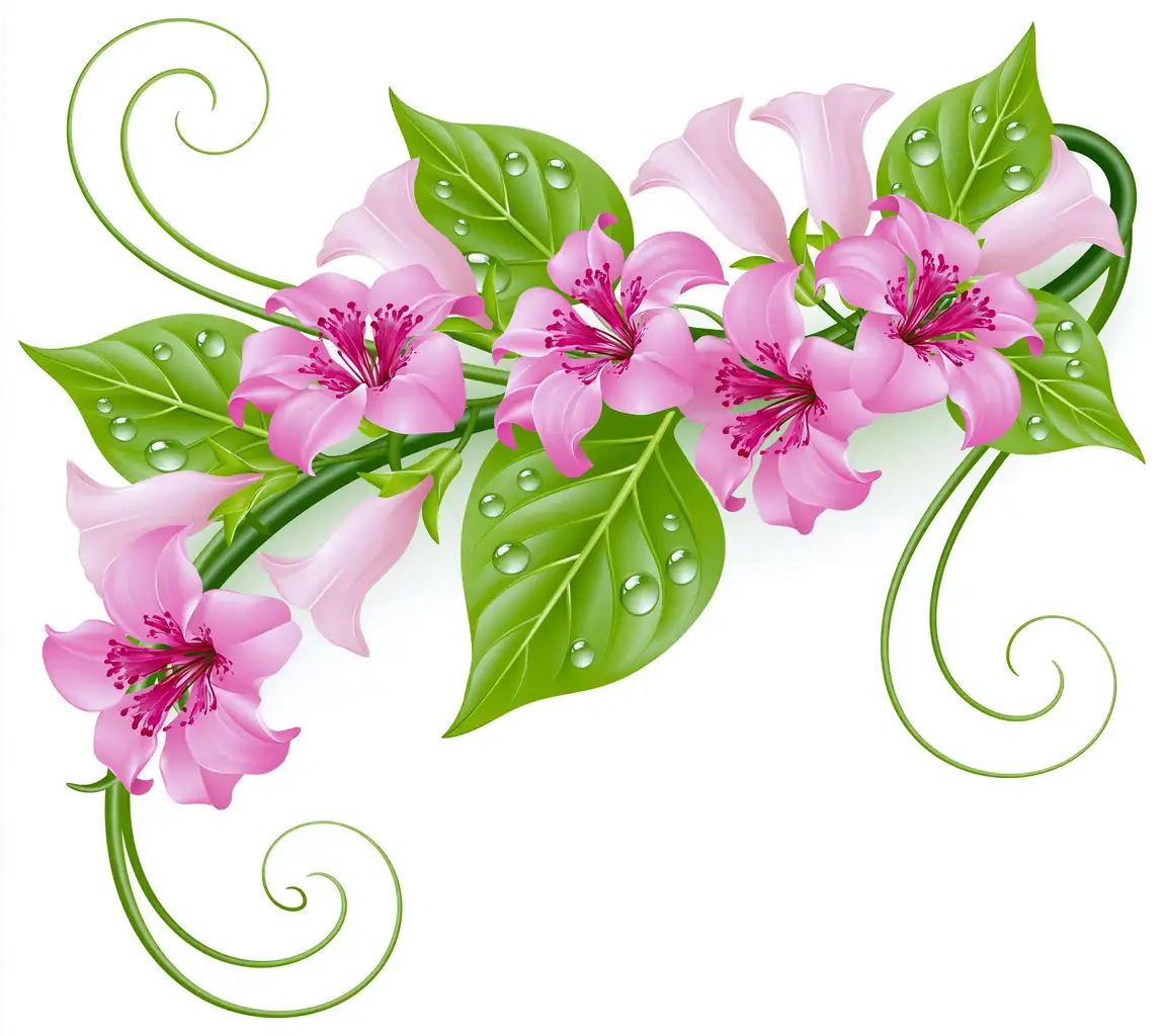 Pink flowers with green leaves and water drops vector illustration
