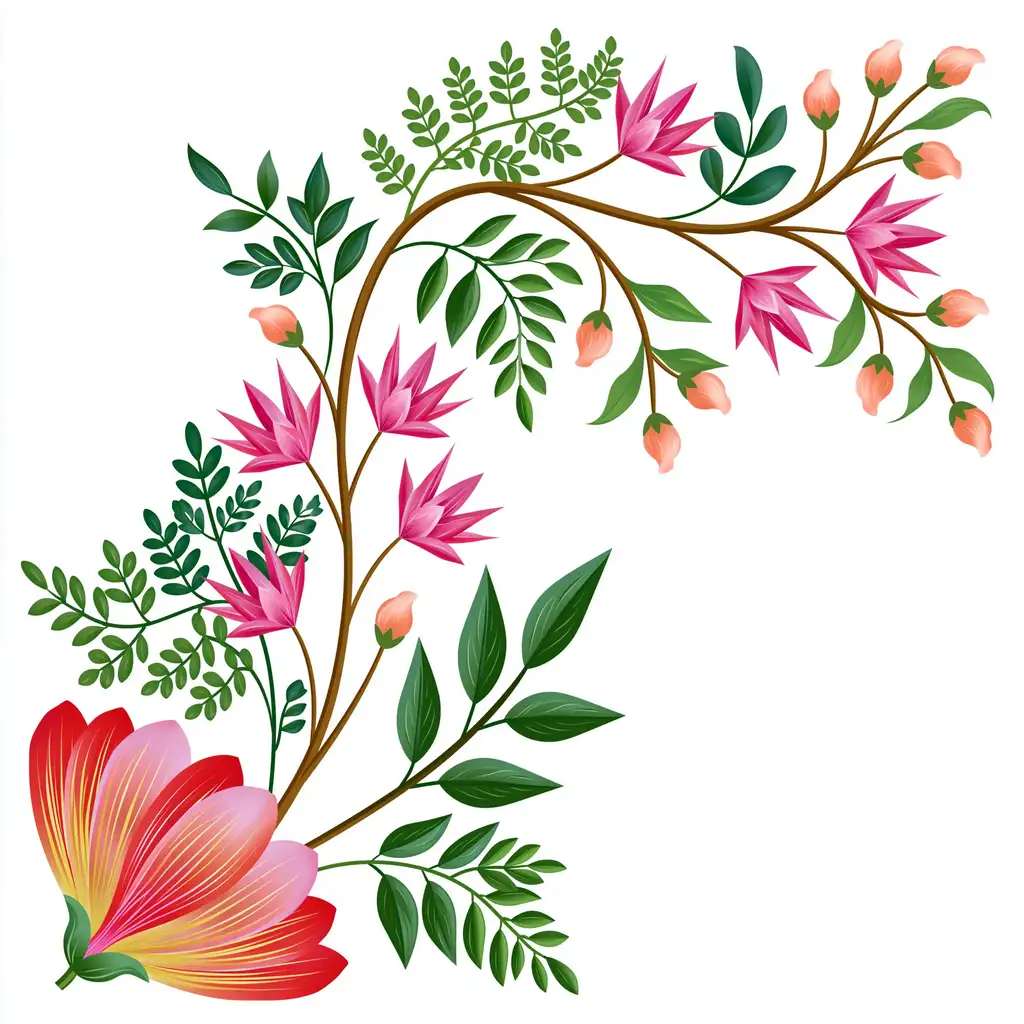 Floral branch illustration with pink blossoms and green leaves