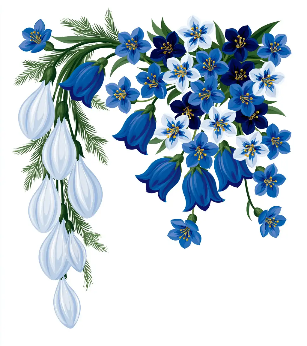 Blue and white floral arrangement corner composition vector illustration