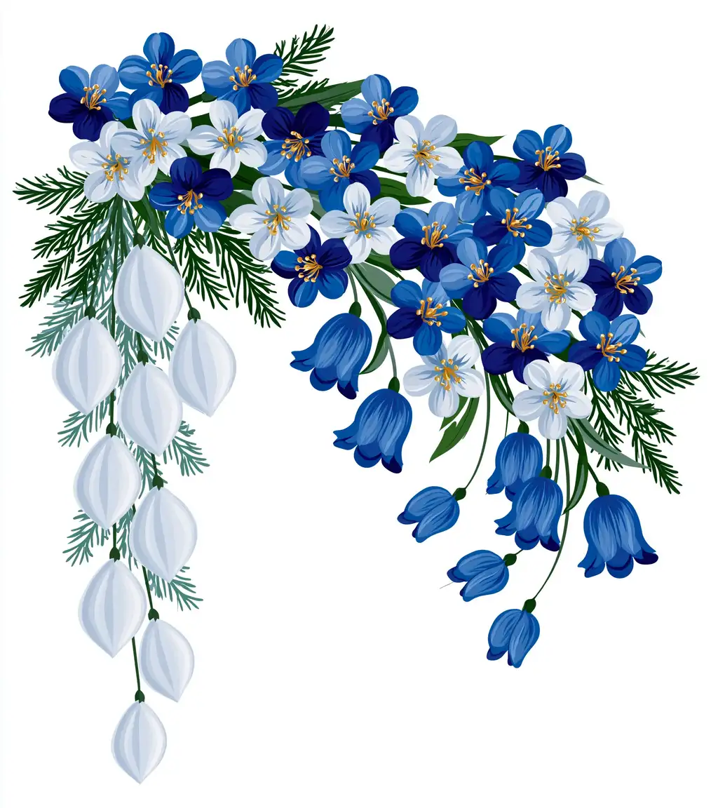 Blue and white floral arrangement corner composition vector illustration