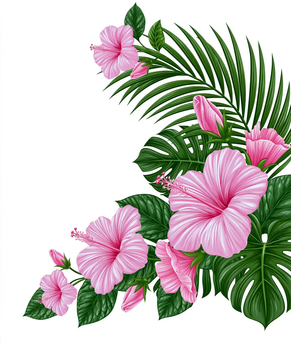 Pink hibiscus flowers and tropical leaves illustration