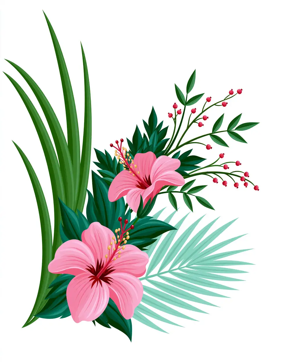 Tropical floral arrangement with pink hibiscus flowers and green foliage
