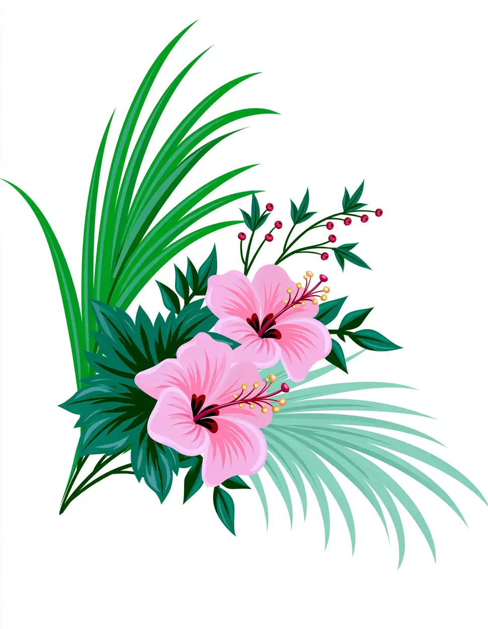 Tropical floral arrangement with pink hibiscus flowers and green foliage