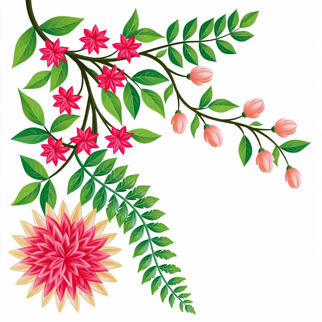 Floral branch vector illustration with pink flowers and green leaves on white background