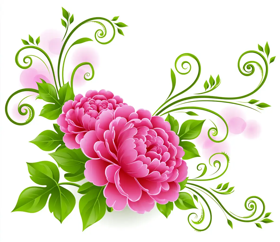 Pink floral arrangement with green leaves and swirls on white background
