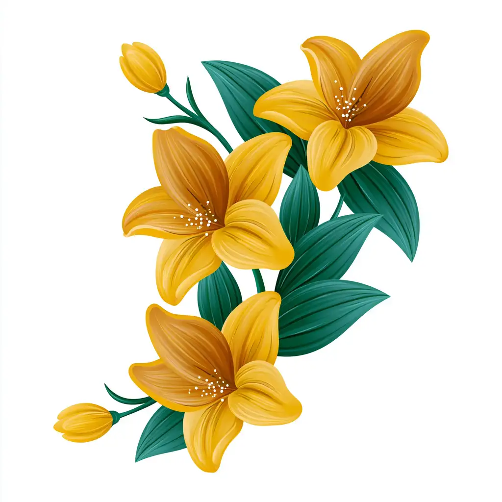 Yellow lily flowers with green leaves and buds botanical illustration