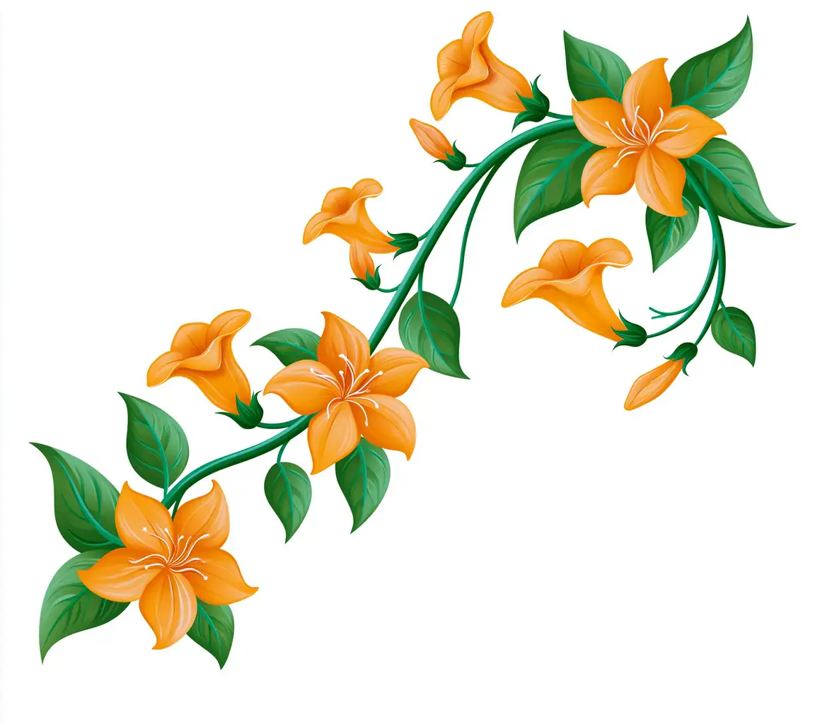 Orange flowering vine branch illustration isolated on white background