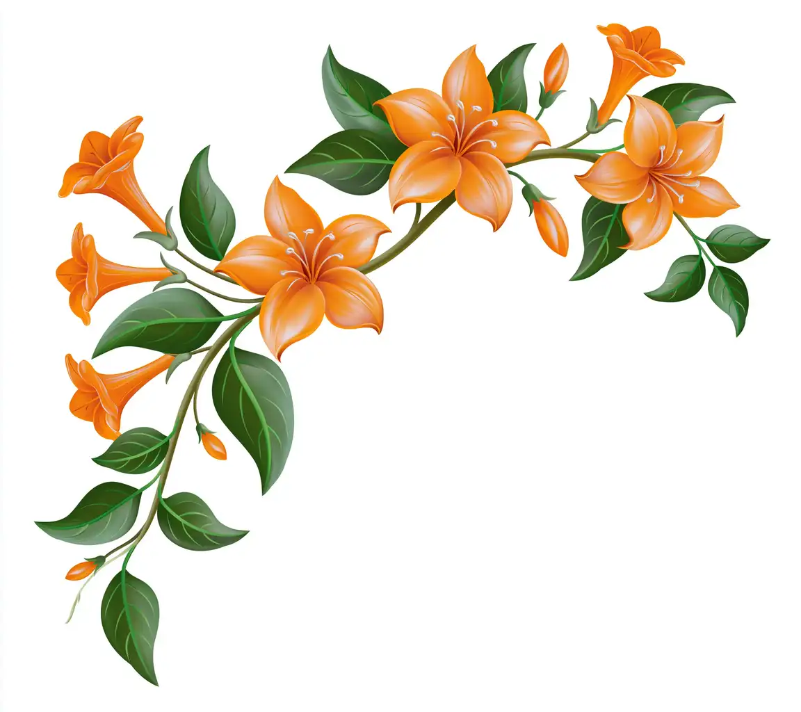 Orange flowering vine branch illustration isolated on white background