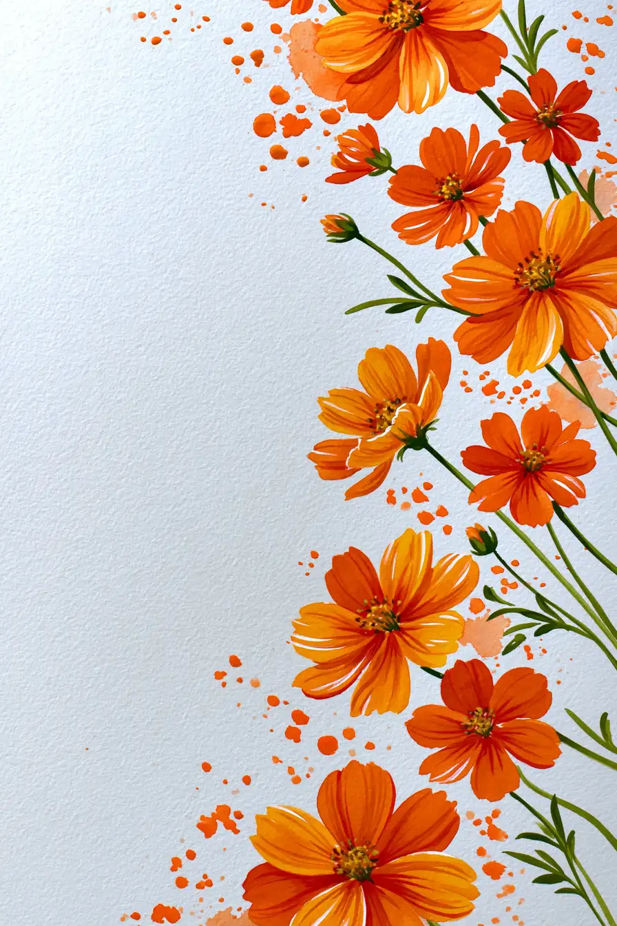 Watercolor Painting of Orange Cosmos Flowers Border on White Paper