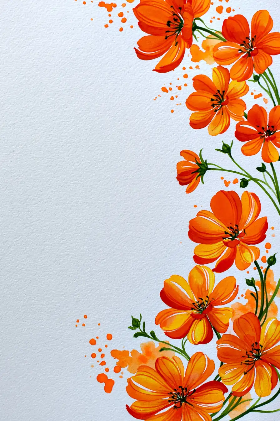 Watercolor Painting of Orange Cosmos Flowers Border on White Paper