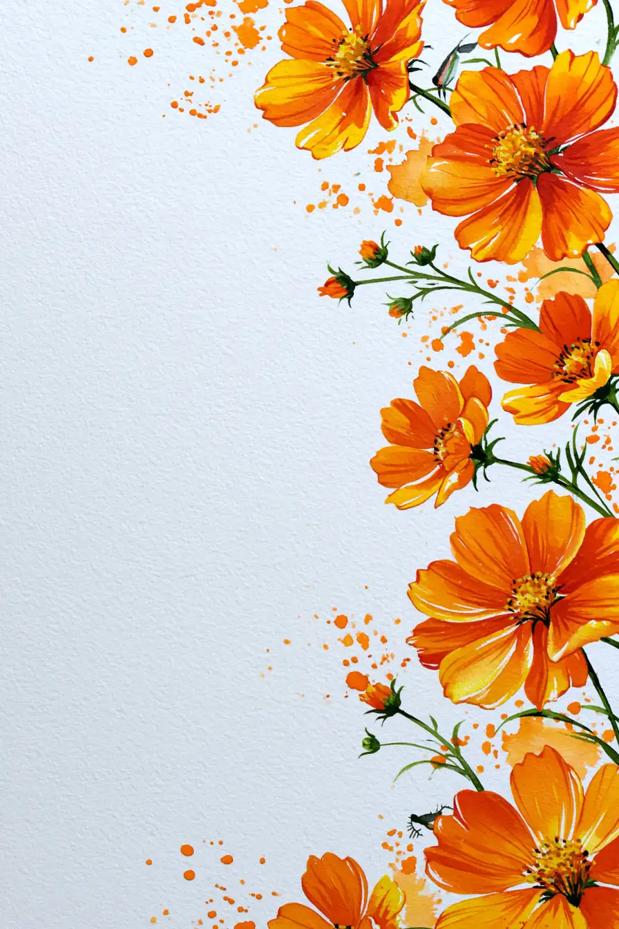 Watercolor Painting of Orange Cosmos Flowers Border on White Paper