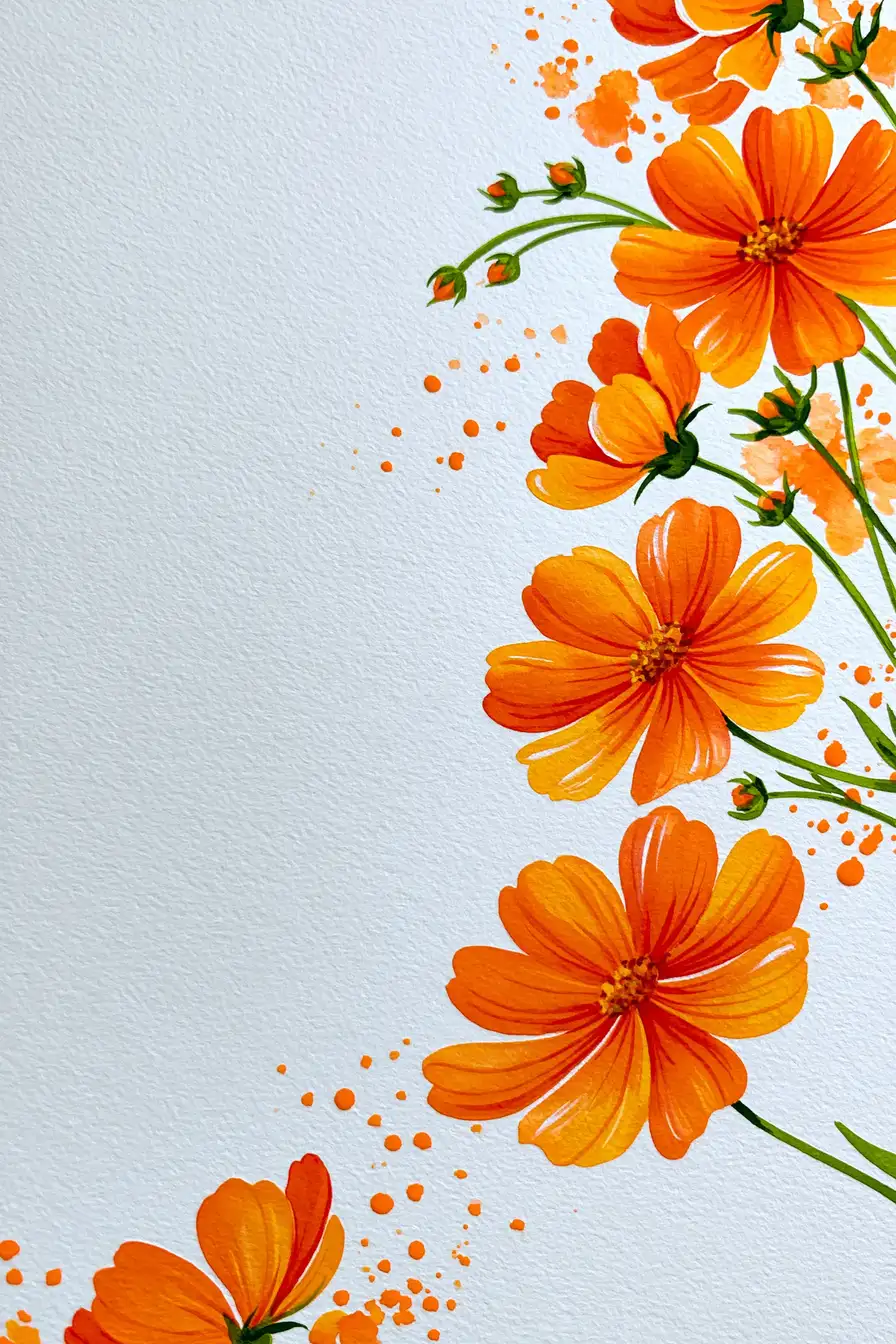 Watercolor Painting of Orange Cosmos Flowers Border on White Paper