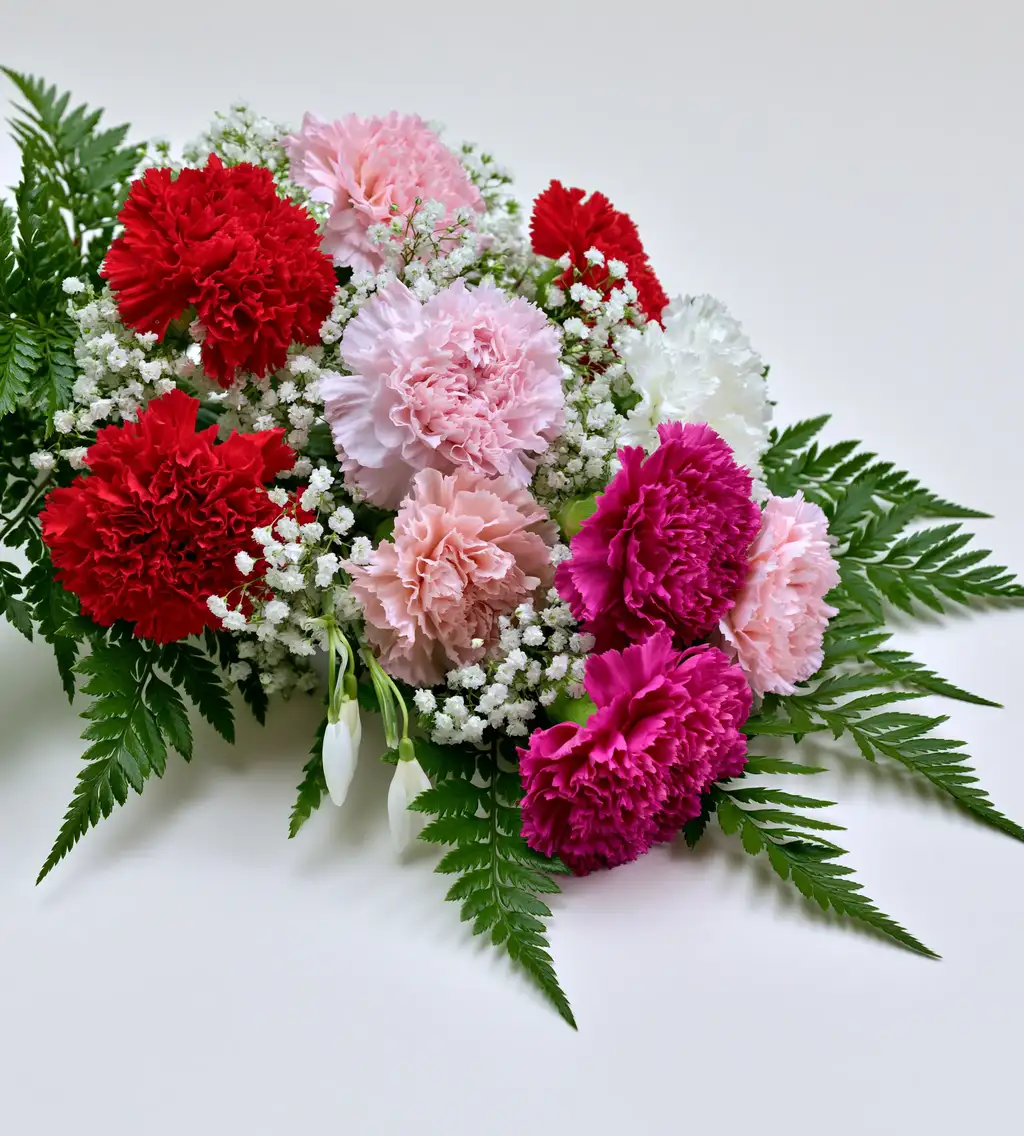 Colorful floral arrangement of multi colored carnations and green foliage