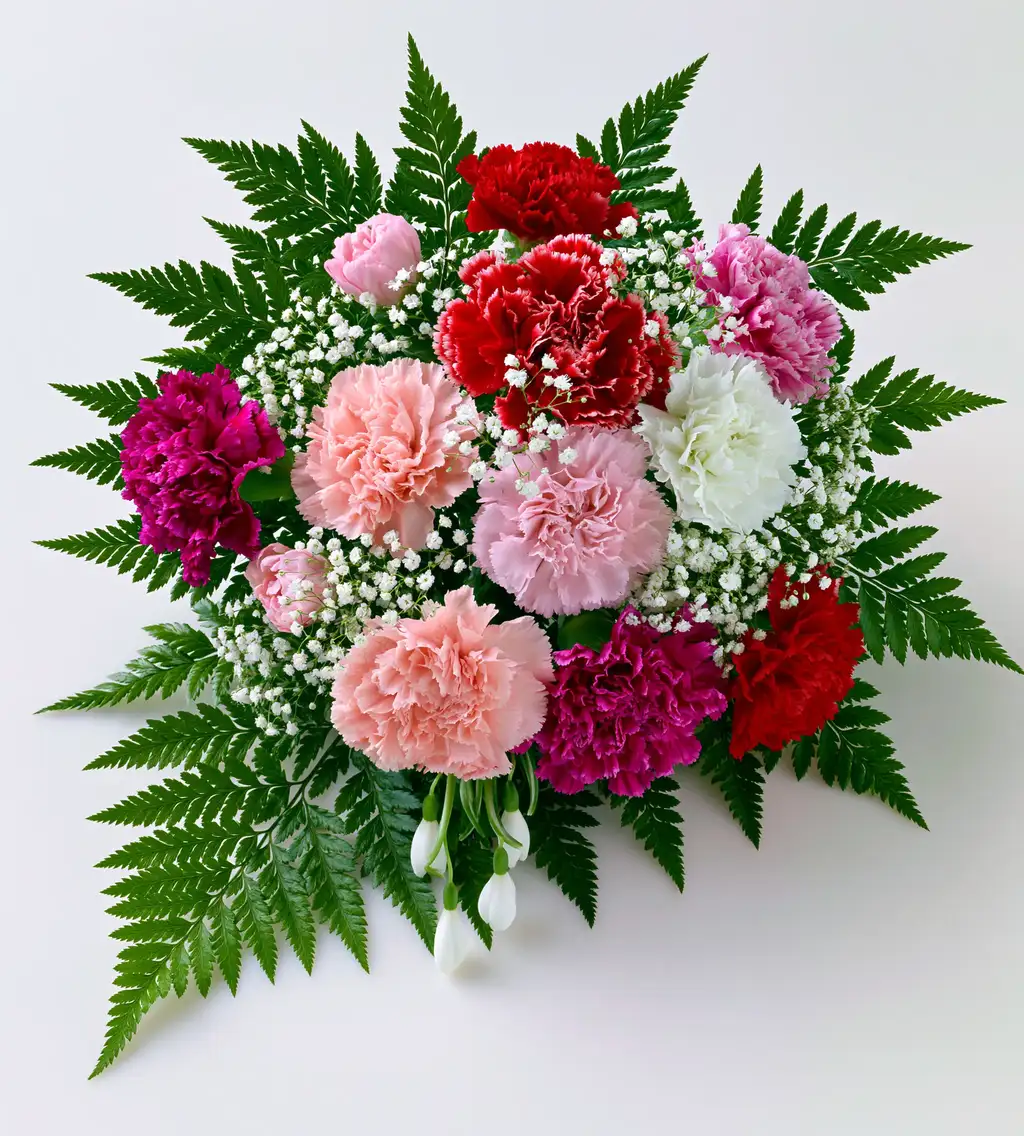 Colorful floral arrangement of multi colored carnations and green foliage