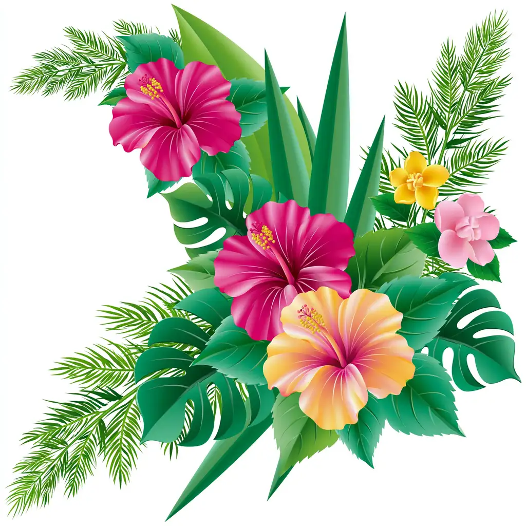 Tropical floral arrangement with hibiscus and palm leaves on white background
