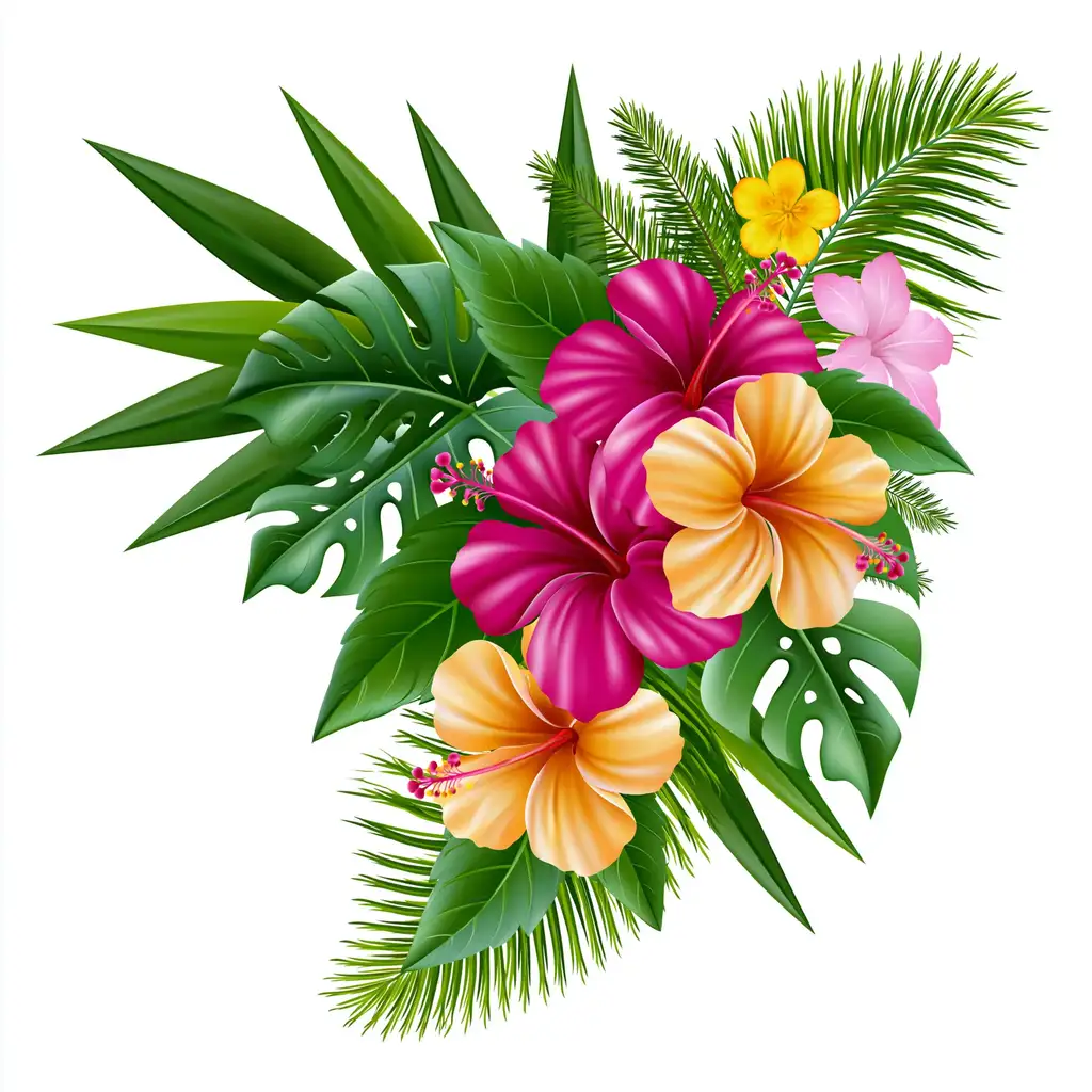 Tropical floral arrangement with hibiscus and palm leaves on white background