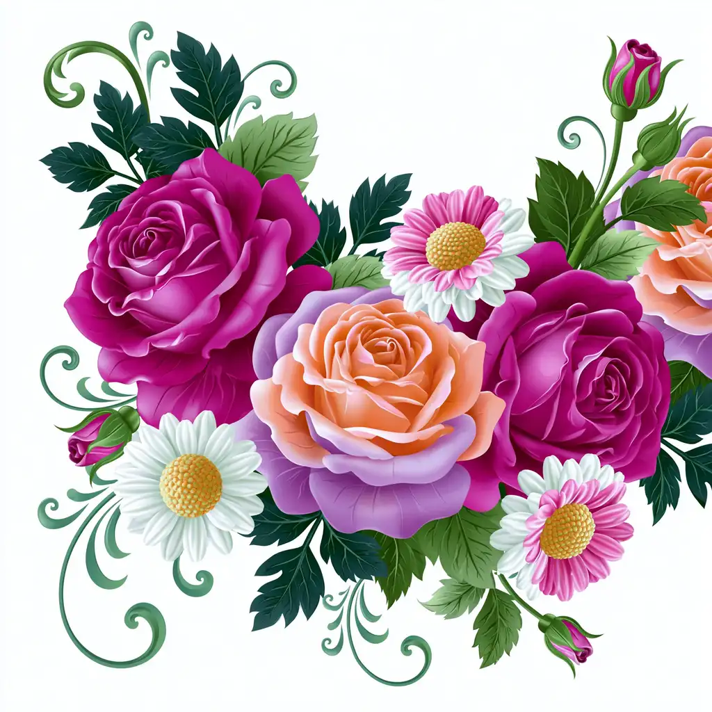 Floral arrangement with roses and daisies