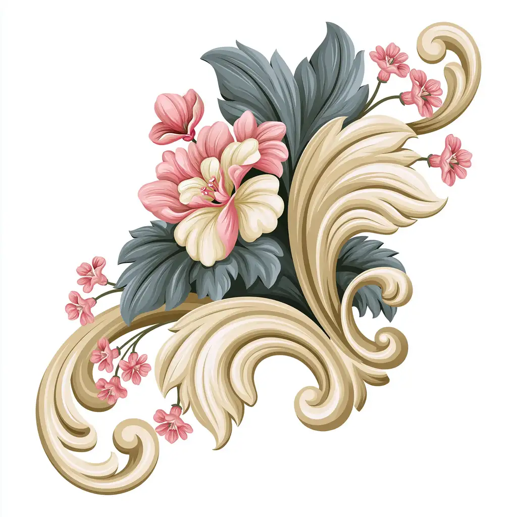 Baroque Floral Ornament with Scrollwork and Pink Flowers