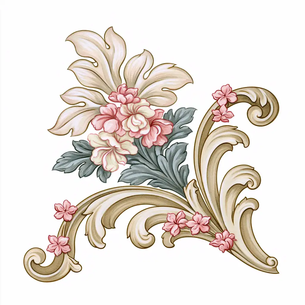 Baroque Floral Ornament with Scrollwork and Pink Flowers