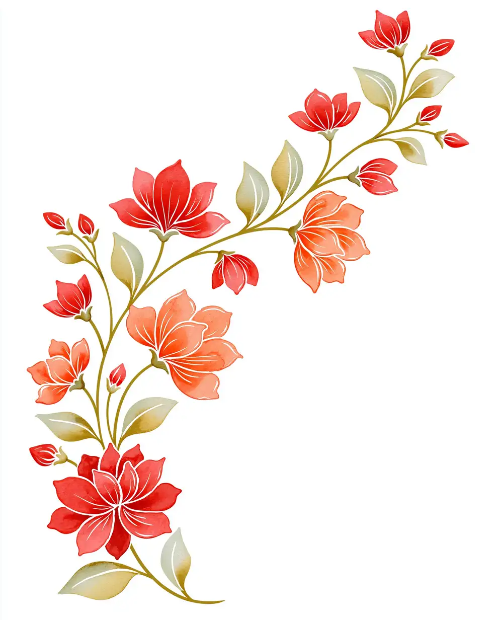 Watercolor floral corner arrangement with red and orange blossoms