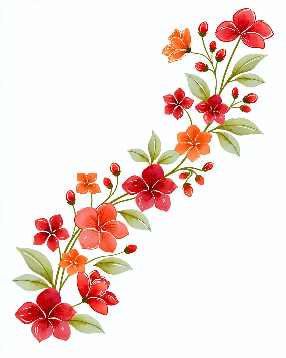 Watercolor floral corner arrangement with red and orange blossoms