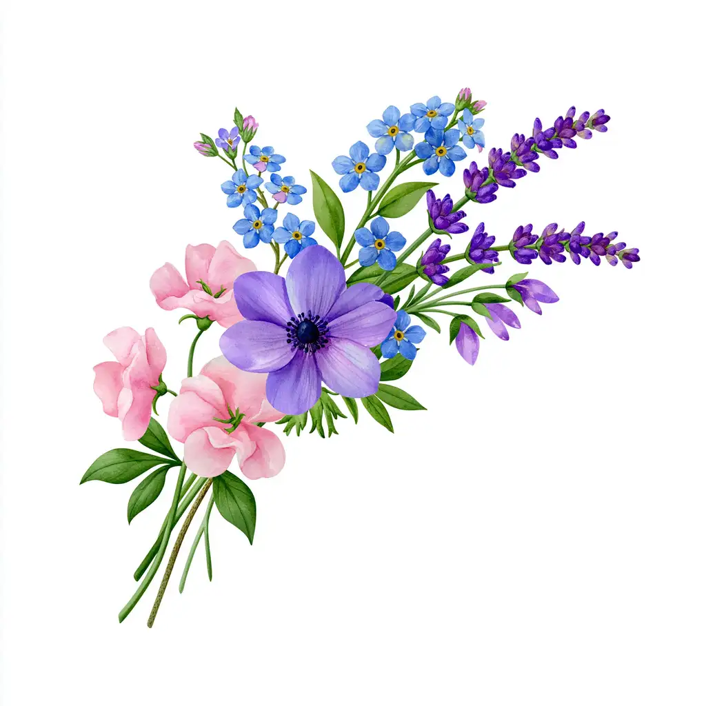 Watercolor Flower Bouquets With Pink Sweet Peas And Blue Forget Me Nots