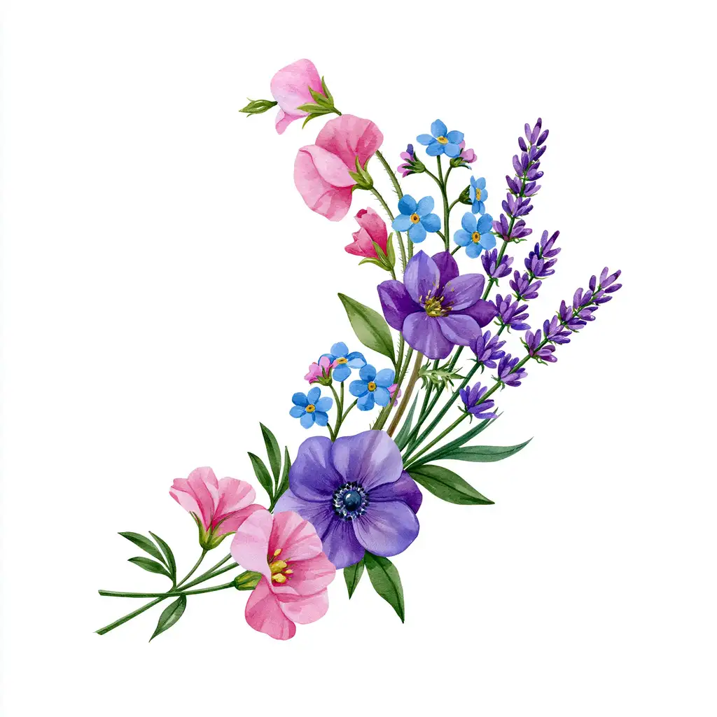 Watercolor Flower Bouquets With Pink Sweet Peas And Blue Forget Me Nots