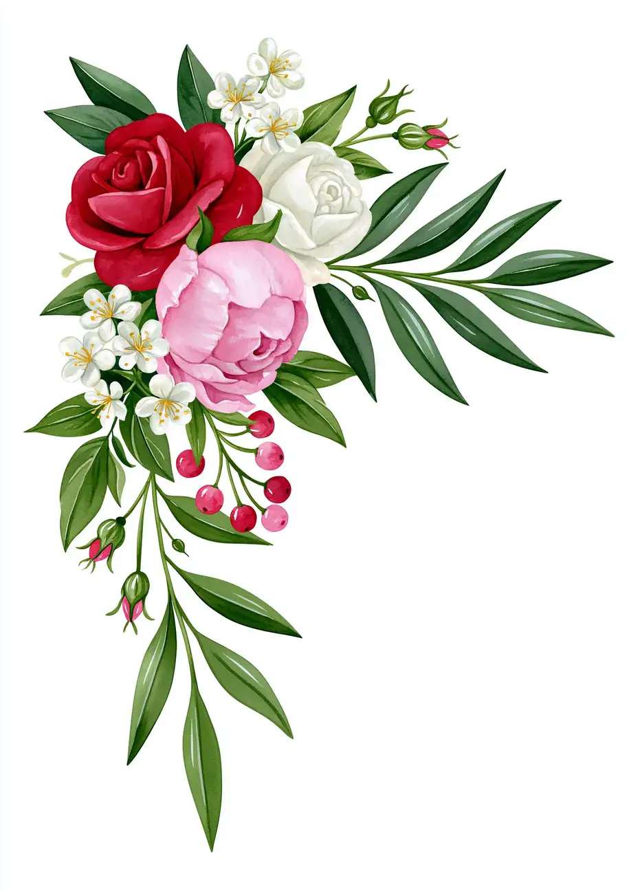 Watercolor floral arrangement with red and white roses pink peony and green leaves