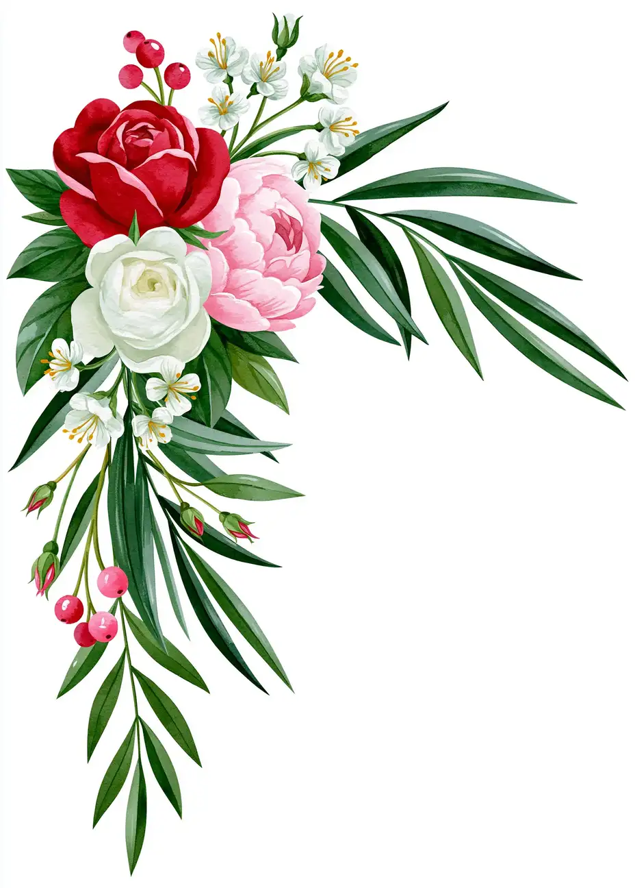 Watercolor floral arrangement with red and white roses pink peony and green leaves
