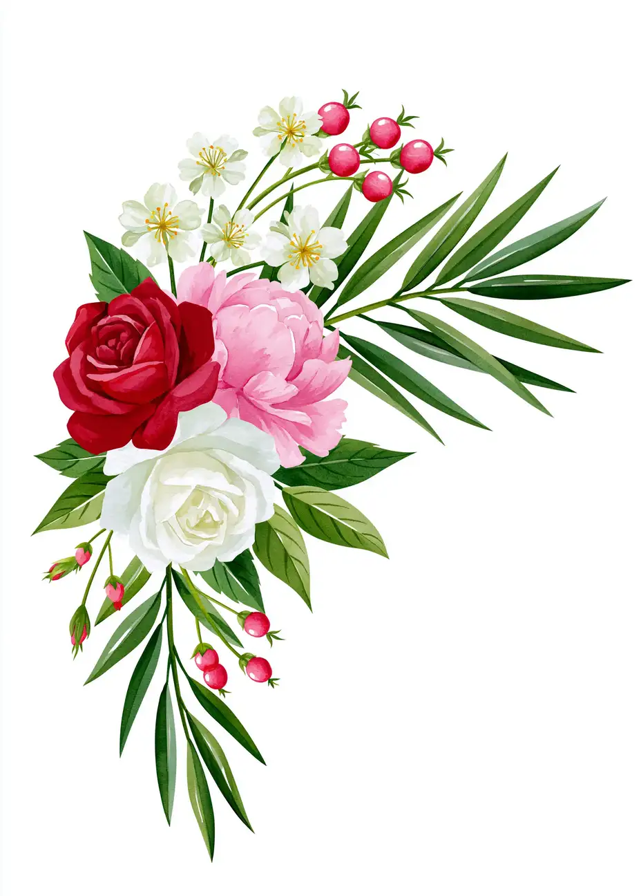 Watercolor floral arrangement with red and white roses pink peony and green leaves