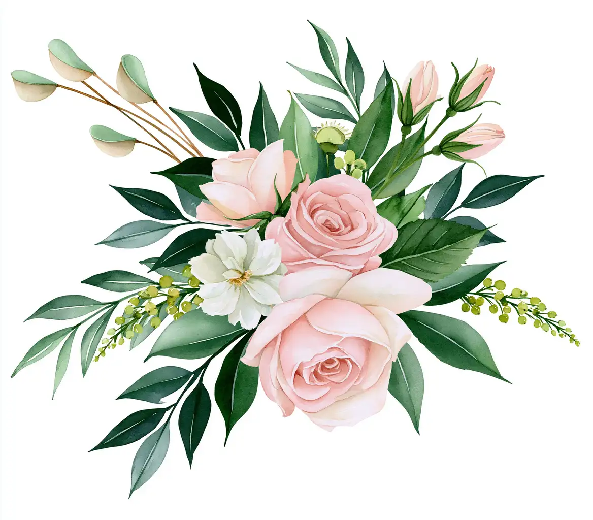 Watercolor floral arrangement with pink roses and green leaves