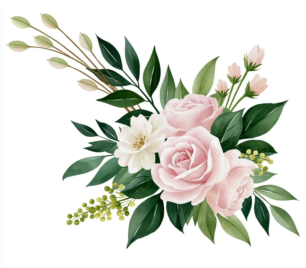 Watercolor floral arrangement with pink roses and green leaves