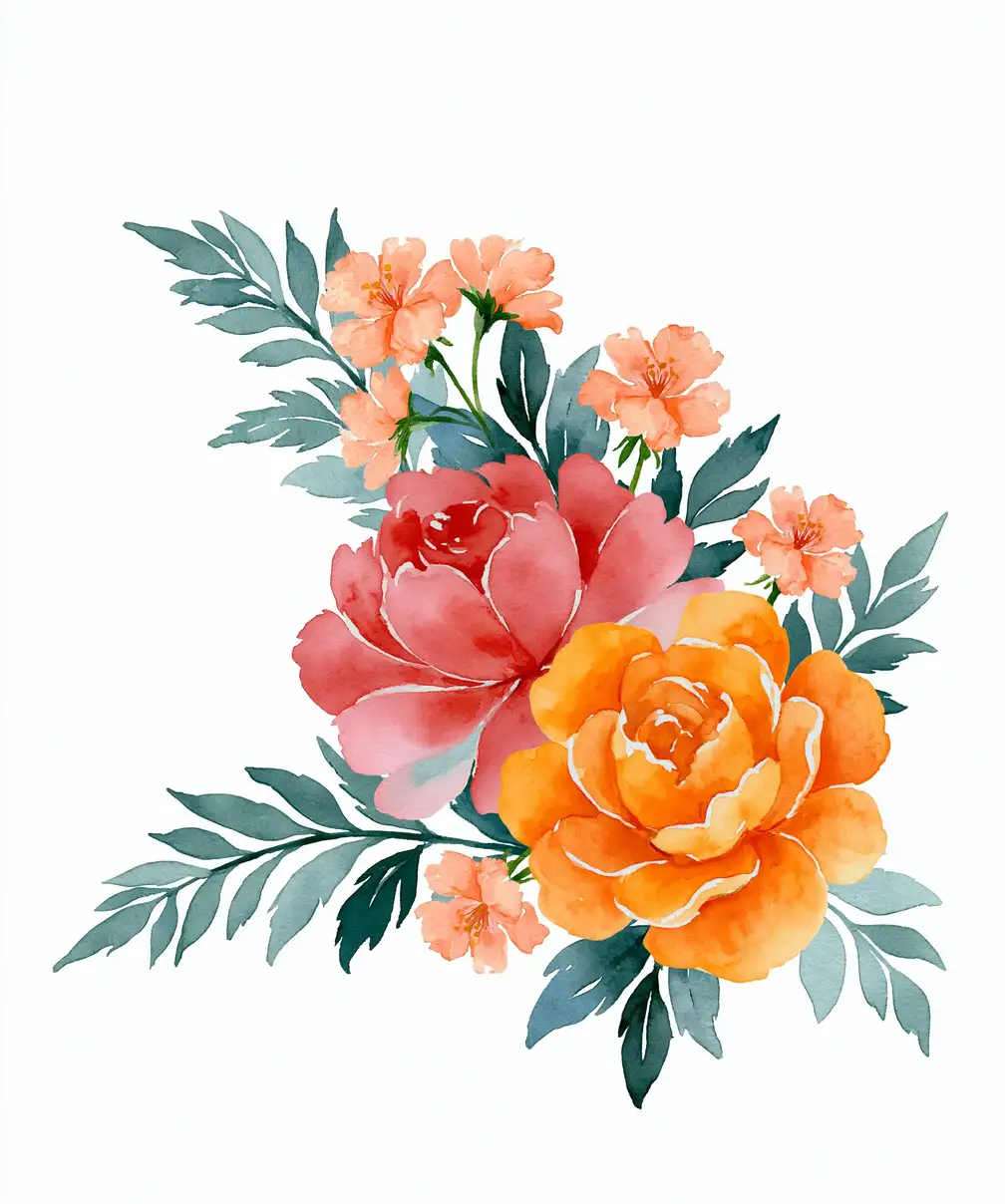 Watercolor Floral Arrangement with Roses and Leaves
