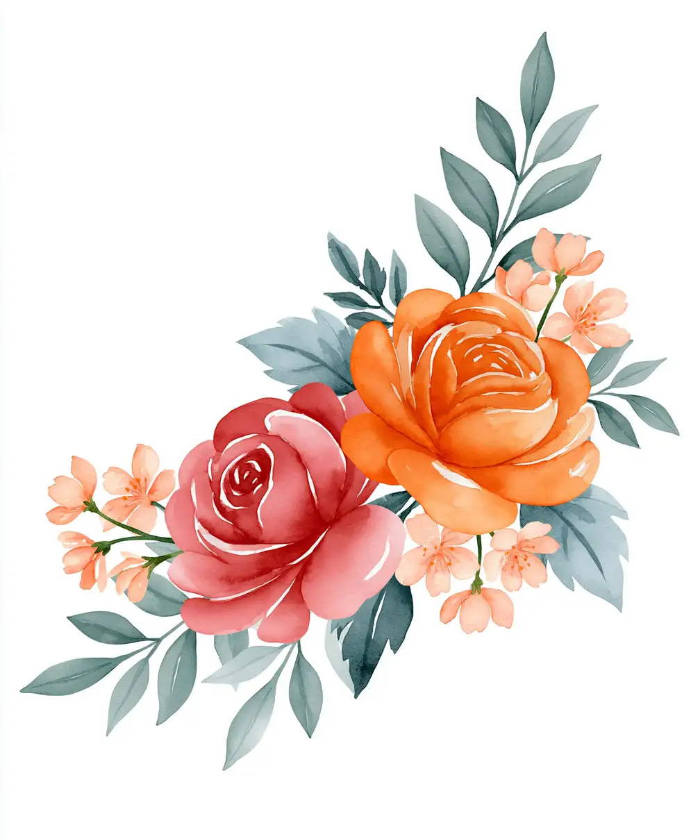 Watercolor Floral Arrangement with Roses and Leaves