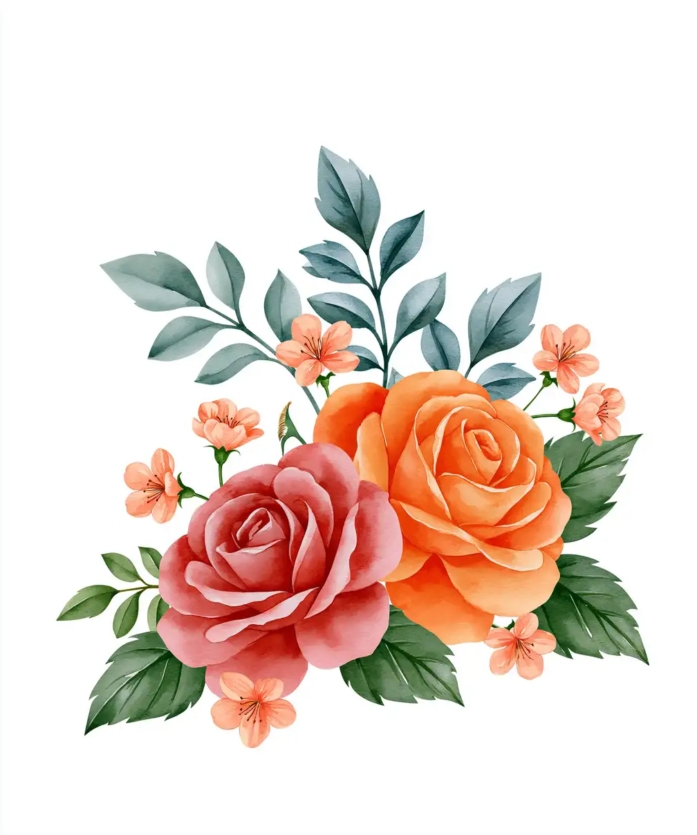 Watercolor Floral Arrangement with Roses and Leaves