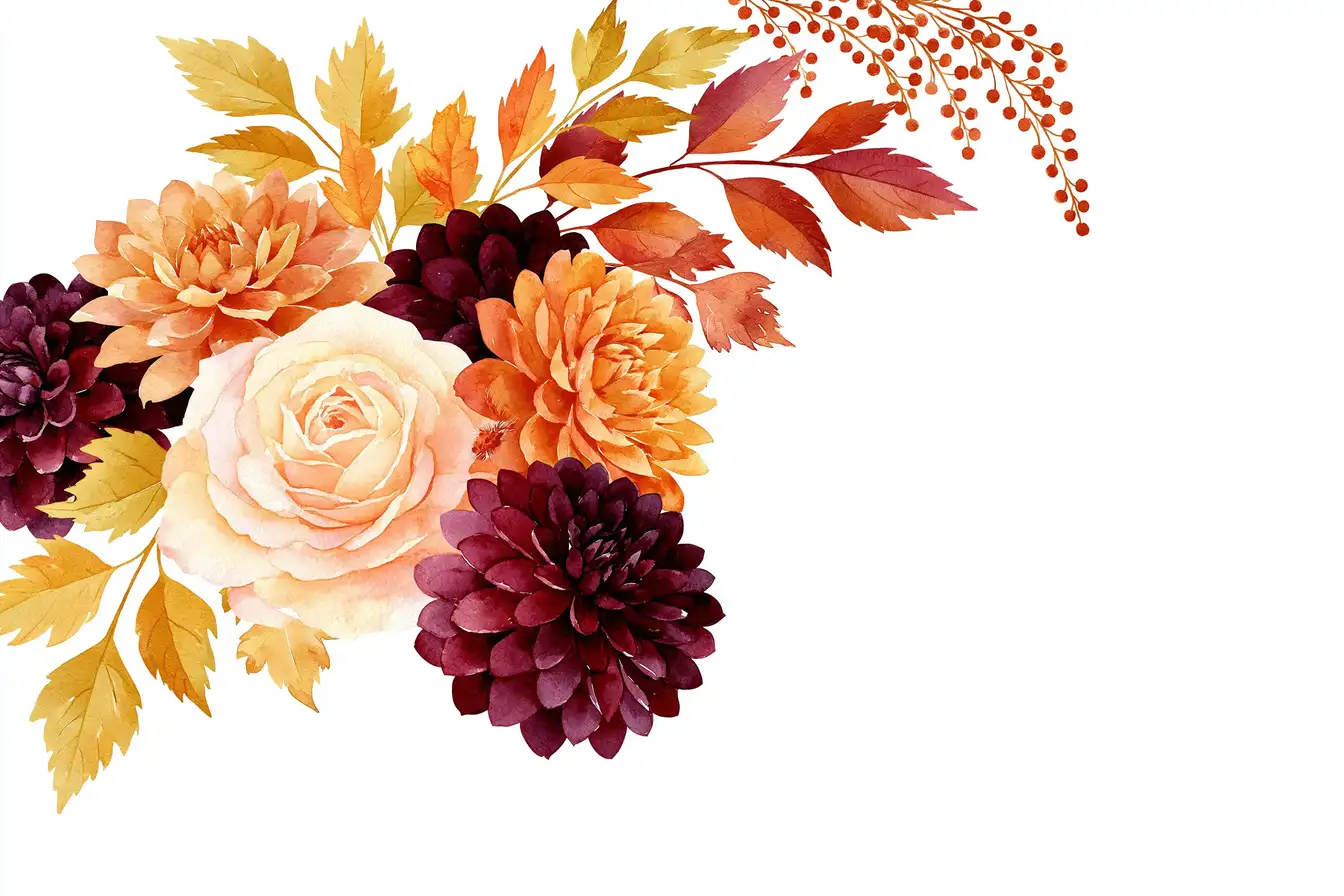 Autumn floral arrangement with roses and dahlias watercolor style