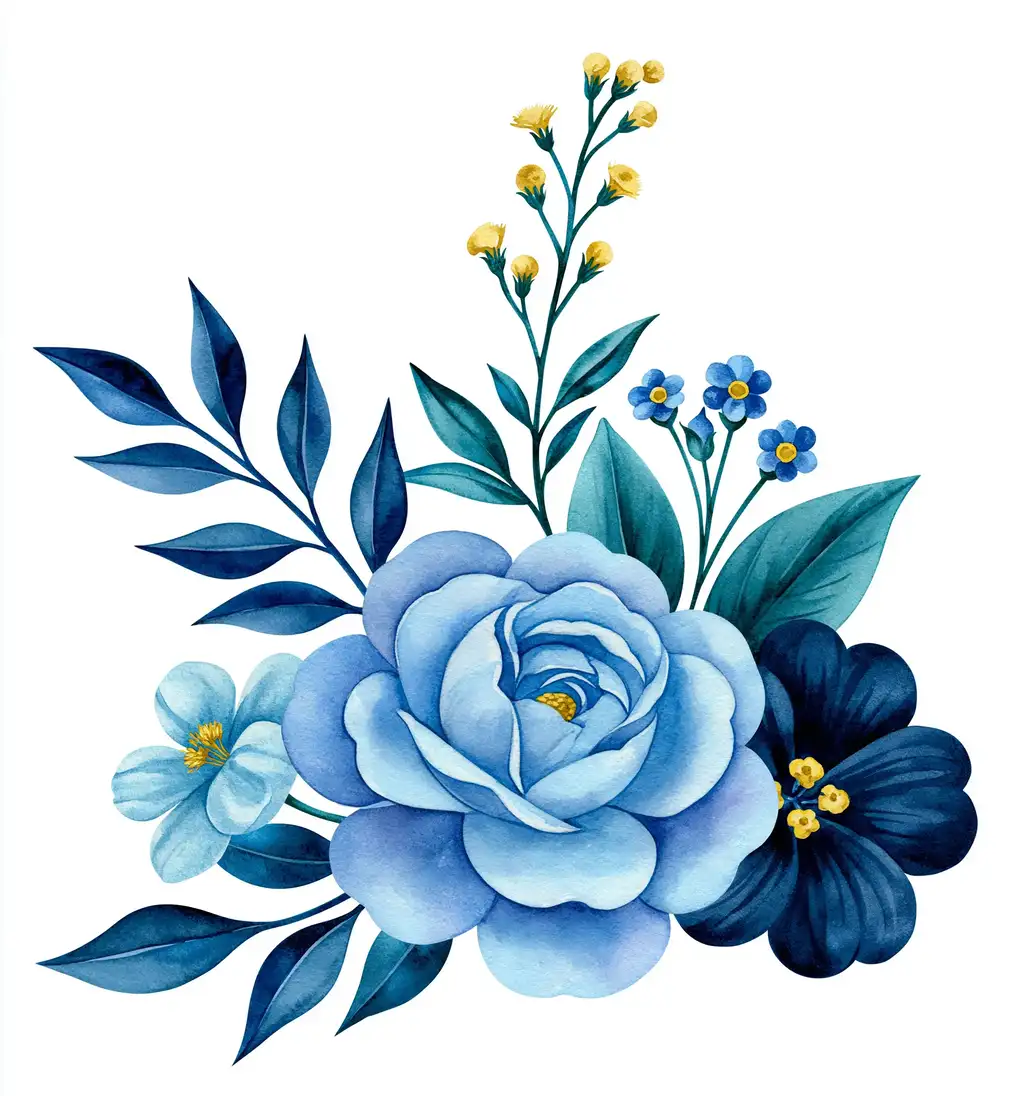 Watercolor blue floral arrangement with leaves