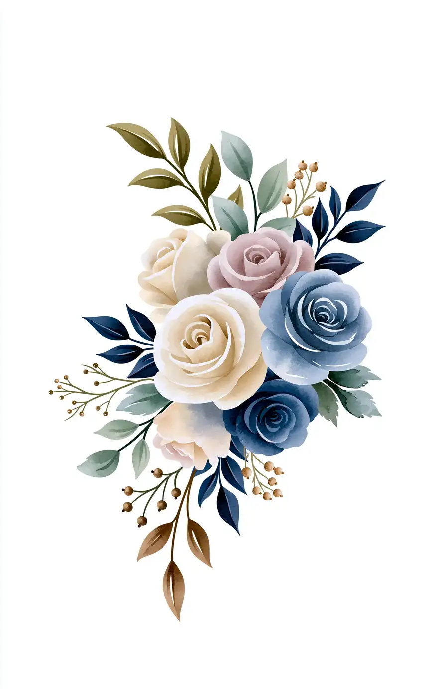 Watercolor floral arrangement with blue cream and pink roses on white background
