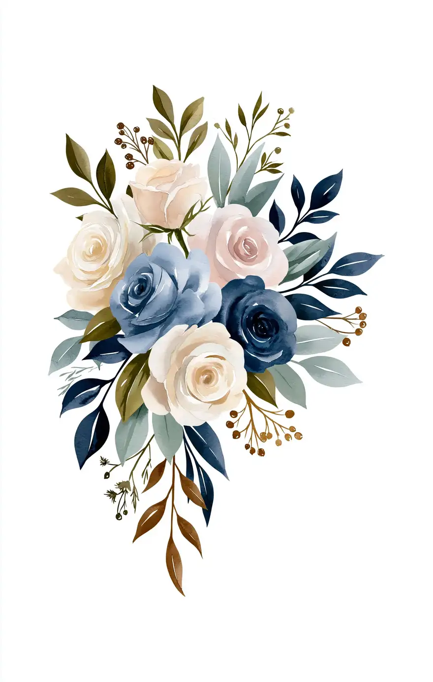 Watercolor floral arrangement with blue cream and pink roses on white background