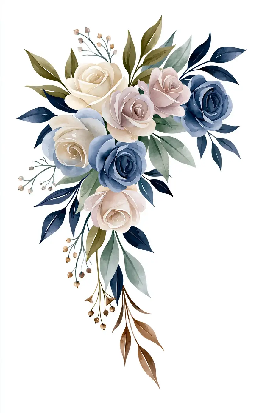 Watercolor floral arrangement with blue cream and pink roses on white background