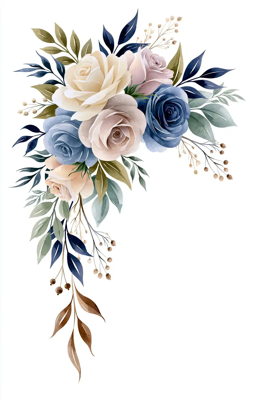 Watercolor floral arrangement with blue cream and pink roses on white background