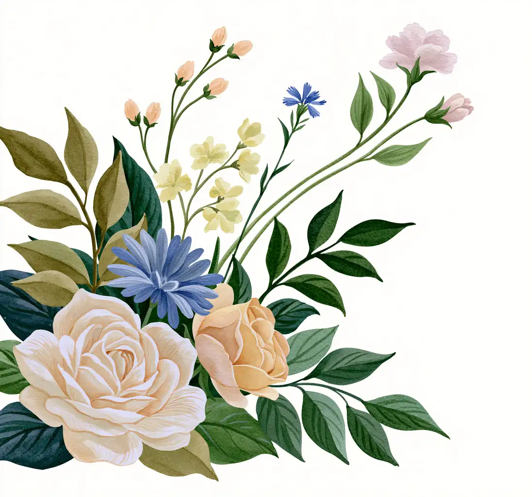 Watercolor Floral Arrangement with Roses and Wildflowers