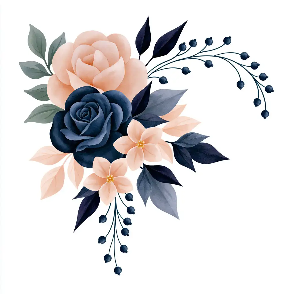 Watercolor floral arrangement with dark blue and peach roses and berries