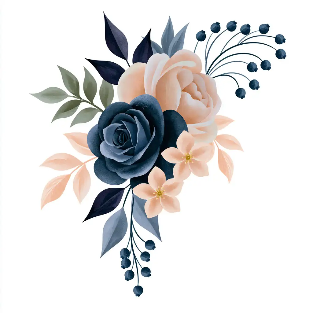 Watercolor floral arrangement with dark blue and peach roses and berries