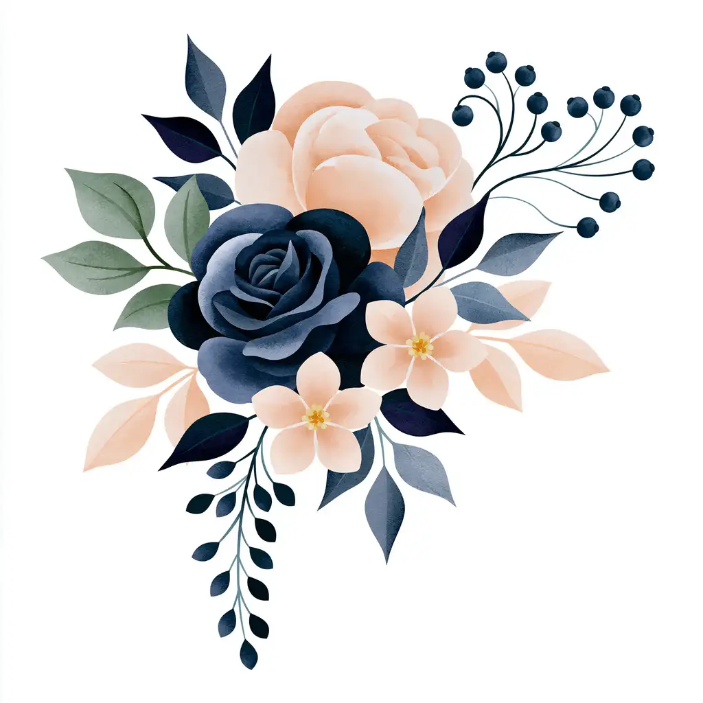 Watercolor floral arrangement with dark blue and peach roses and berries